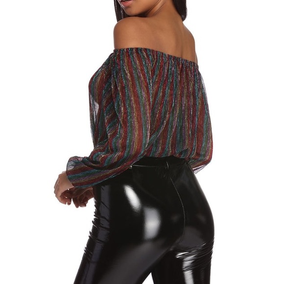 Windsor Black & Rainbow Striped Glitter Lux Off The Shoulder Cropped Blouse - Picture 2 of 14